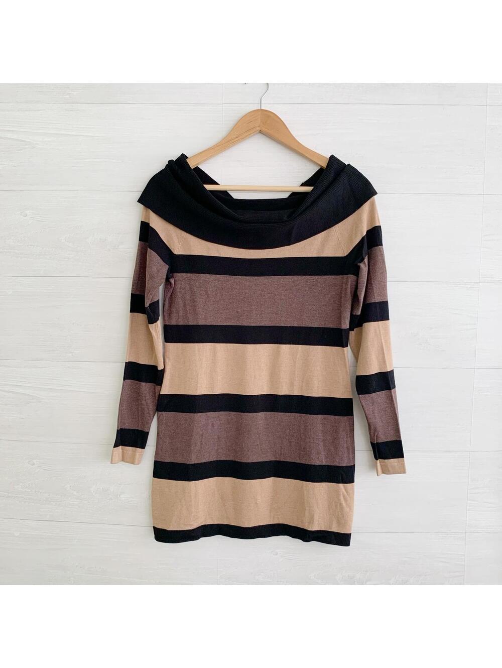 NWT INC International Concepts Tan Black Stripe Cowl Neck Sweater Tunic M